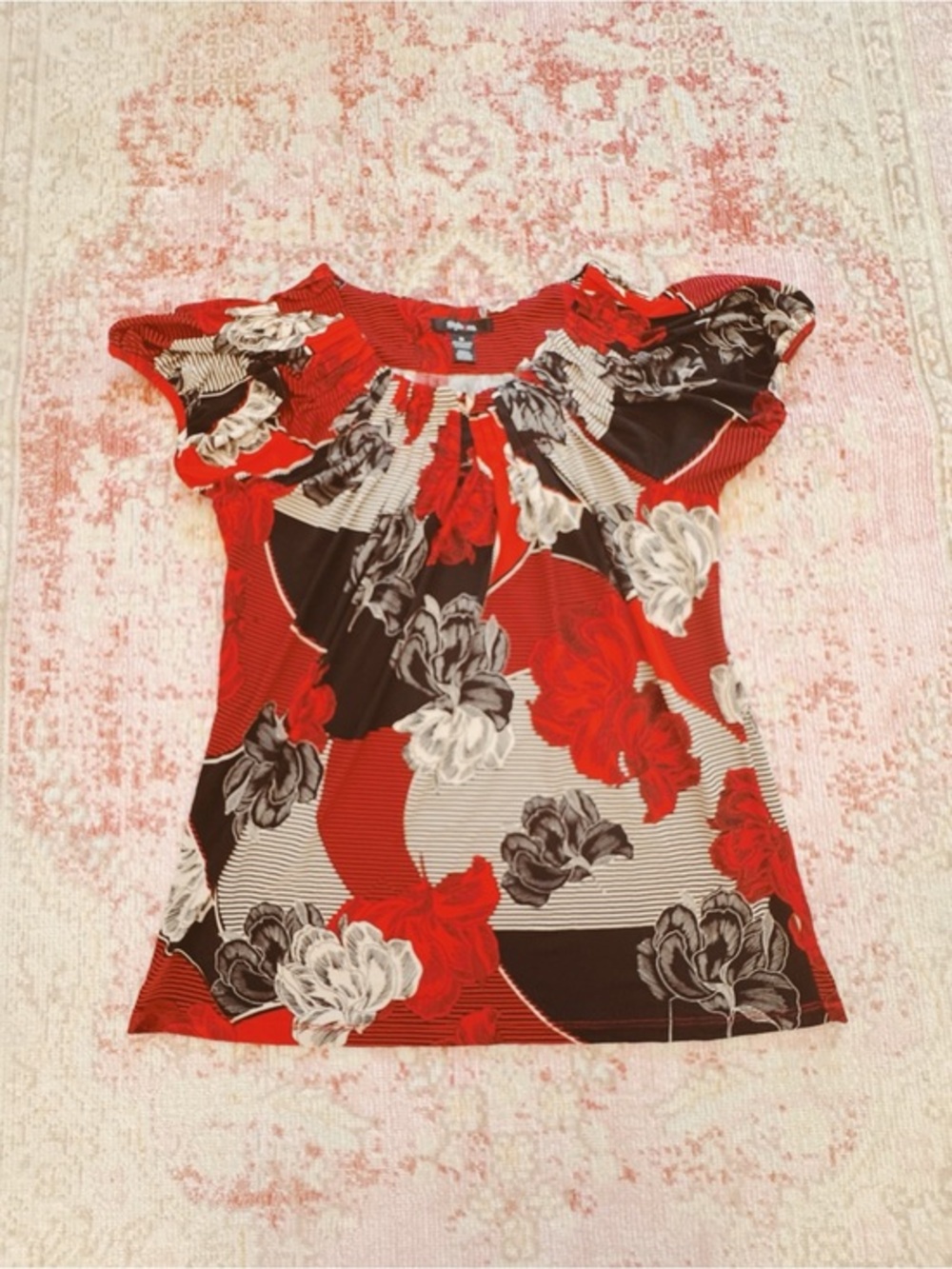 Style & Co, Women’s Red Floral Flutter-Sleeve Top
